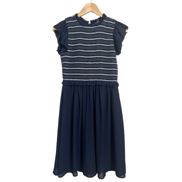 Ann Taylor Women's Navy Blue White Striped Smocked Mini Dress Size 4 Petites - Picture 1 of 10